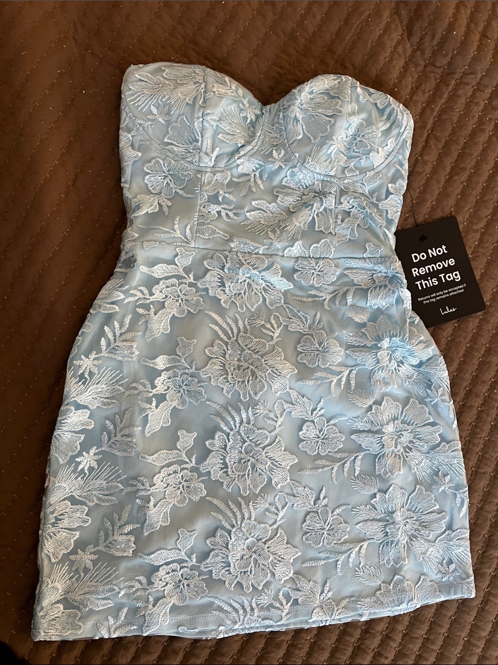 Lulu's Strapless Pale Blue Embroidered Floral Bodycon Dress